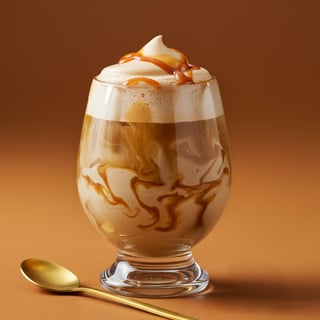 A glass of coffee with whipped cream and caramel sauce AI generated content may be incorrect